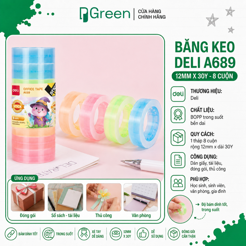 Băng Keo Deli A689 – Băng Keo Trong Dán Giấy, Dán Thùng, Đóng Gói Văn Phòng | PGREEN