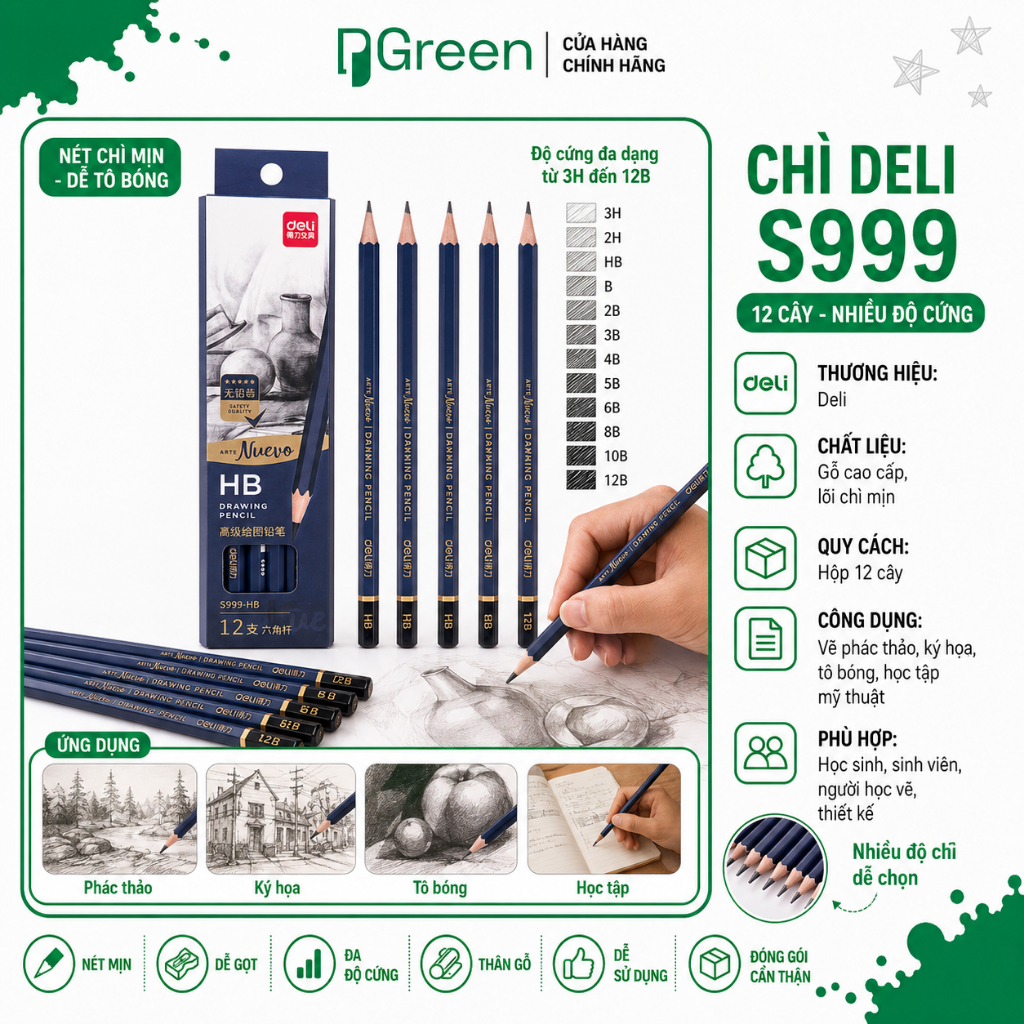 Bút Chì Gỗ Deli S999 – Chì Viết Học Sinh, Nét Êm, Dễ Tẩy, Dùng Học Tập Văn Phòng | PGREEN