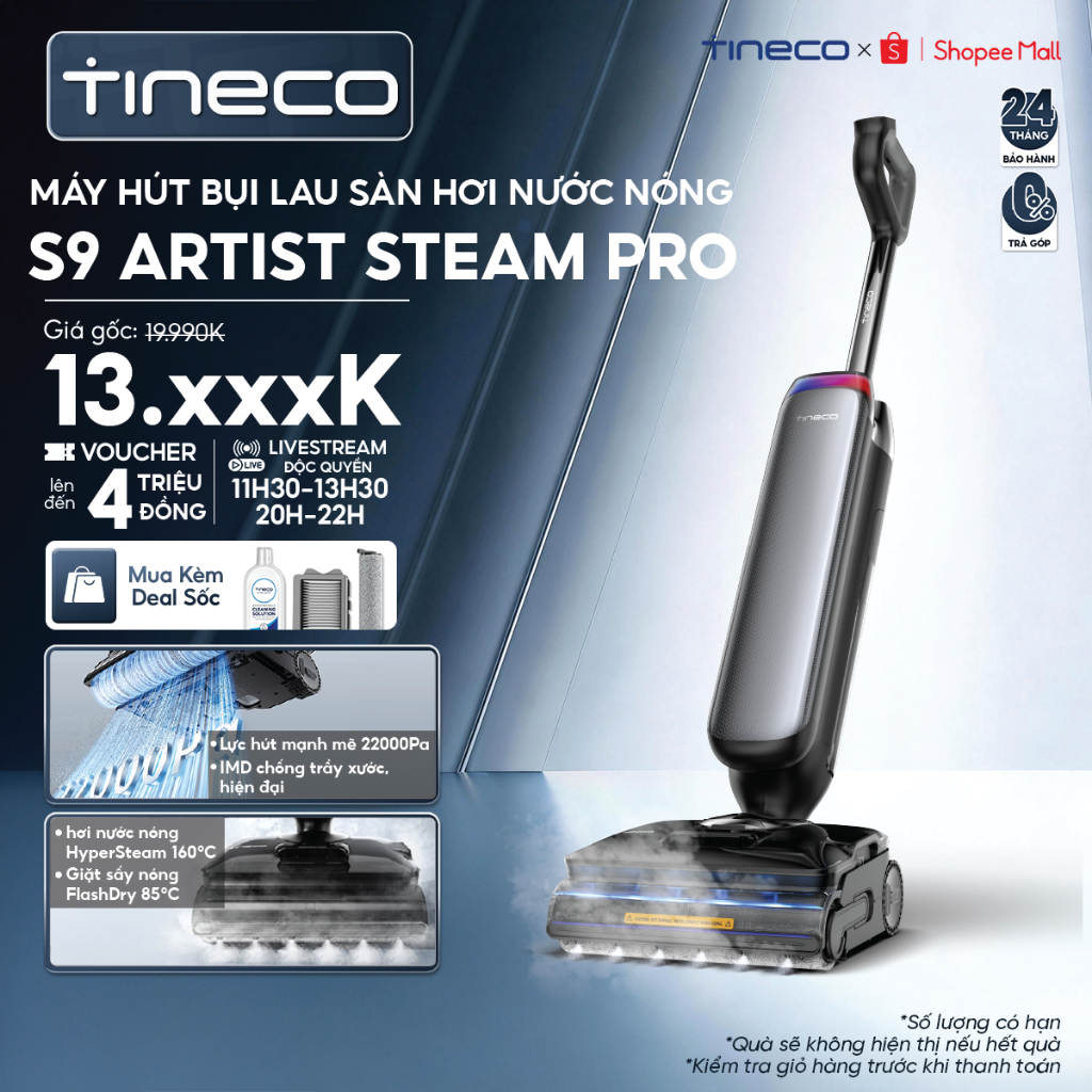 Tineco Floor One S9 Artist Steam Pro Máy hút bụi lau sàn hơi nước nóng HyperSteam 160°C - 22000pa - 