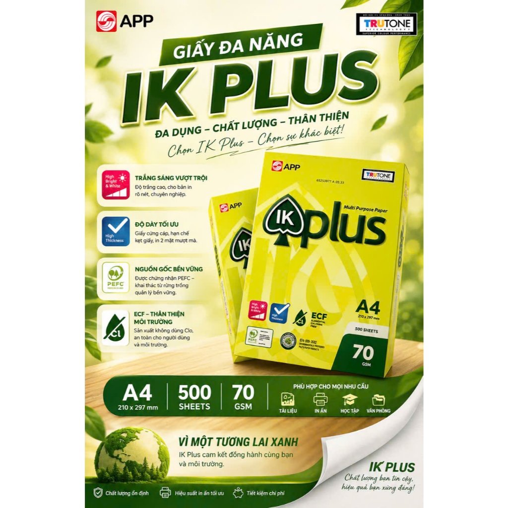 Giấy in IK Plus 70gsm khổ A4 - Ream 500 tờ khổ A4