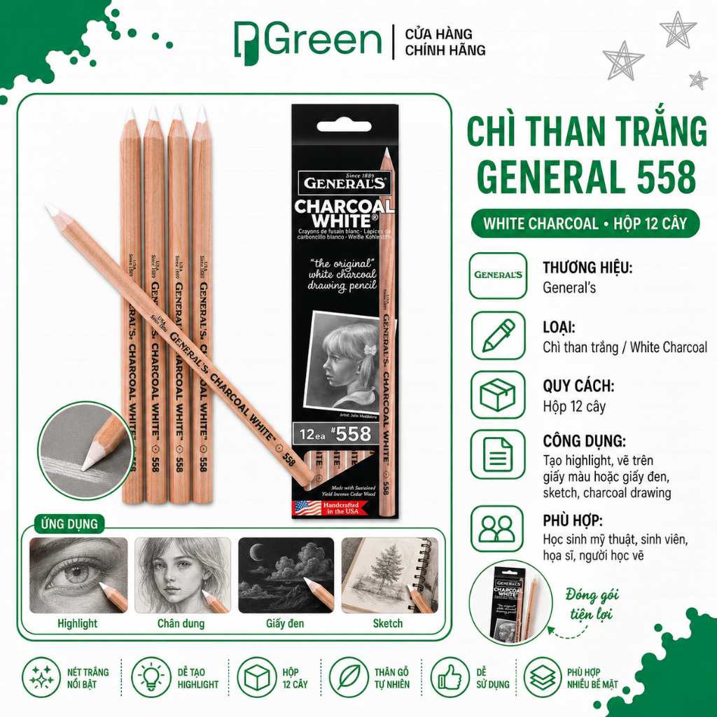 Chì Than Trắng General 558 – Bút Chì Trắng Vẽ Highlight Trên Giấy Đen, Giấy Tối Màu | PGREEN