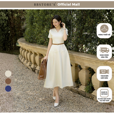 BBSTORE'S Đầm công sở cotton dài xoè cổ V lá cổ lật phom xoè - DAG22T