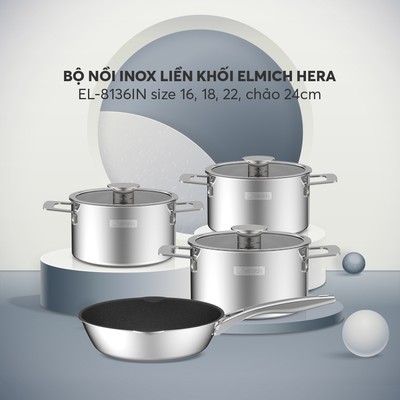 Bộ nồi Inox liền khối Elmich Hera EL-8136IN size 16,18,22, chảo 24cm
