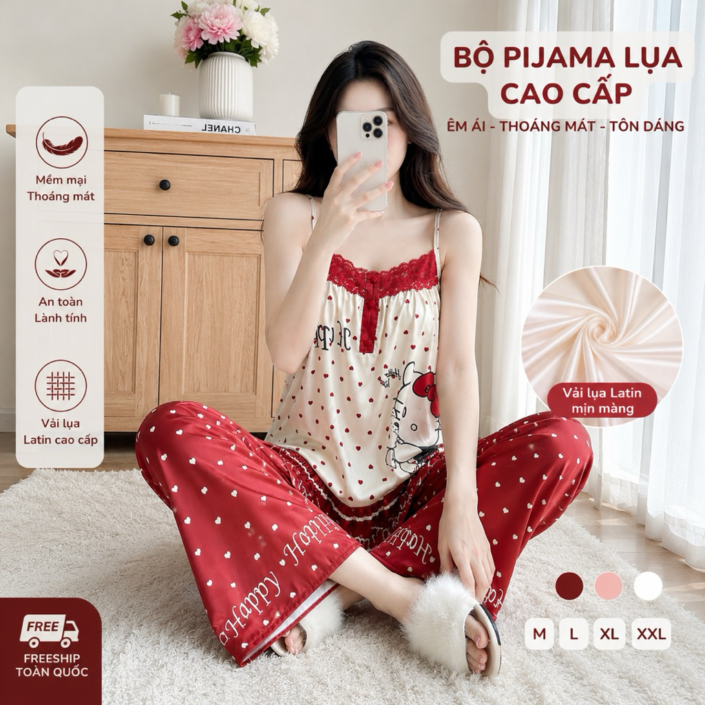[ Freesize 40-60Kg ] Đồ Bộ Nữ Mặc Nhà Áo Dây Phối Ren Lụa Latin Cao Cấp