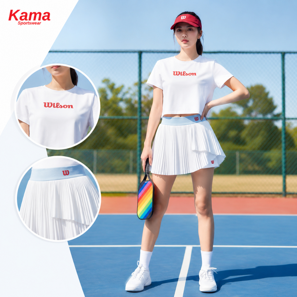 Bộ pickleball nữ KAMA SPORT, áo croptop mix chân váy xếp ly Wil tập pickleball, tennis, golf BP124