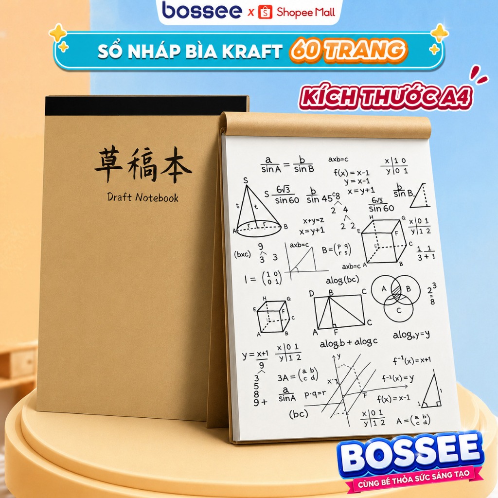 Sổ Nháp A4 Kraft Bìa Cứng 60 Trang - Không Kẻ Dòng, Giấy Chống Lóa