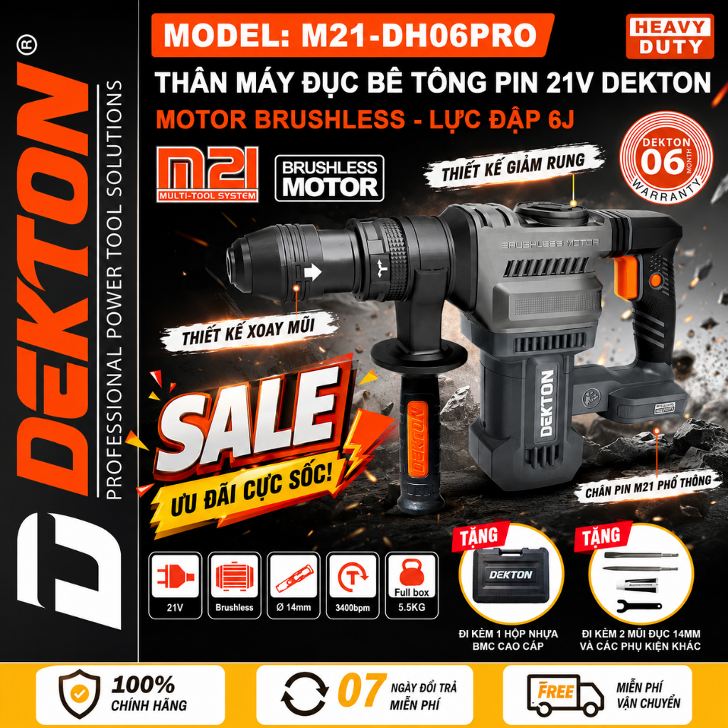 Máy Đục Bê Tông Pin 21V DEKTON M21-DH06XPRO Gen 4 Pro Chính Hãng | Động Cơ Không Chổi Than, Lực Đập 