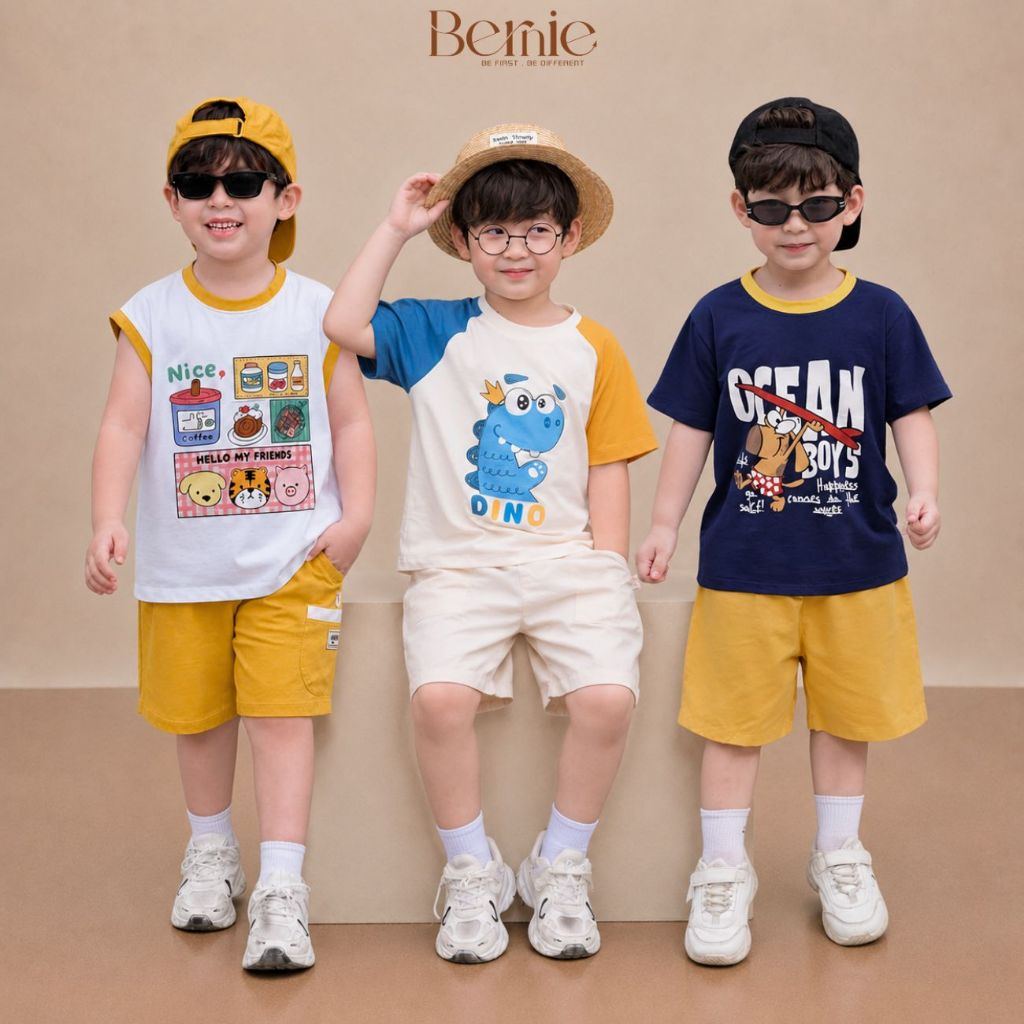 Set bộ cho bé trai in hình áo thun tay ngắn raplang và quần short tổng 1 đến 7 tuổi BERNIE 1123B025