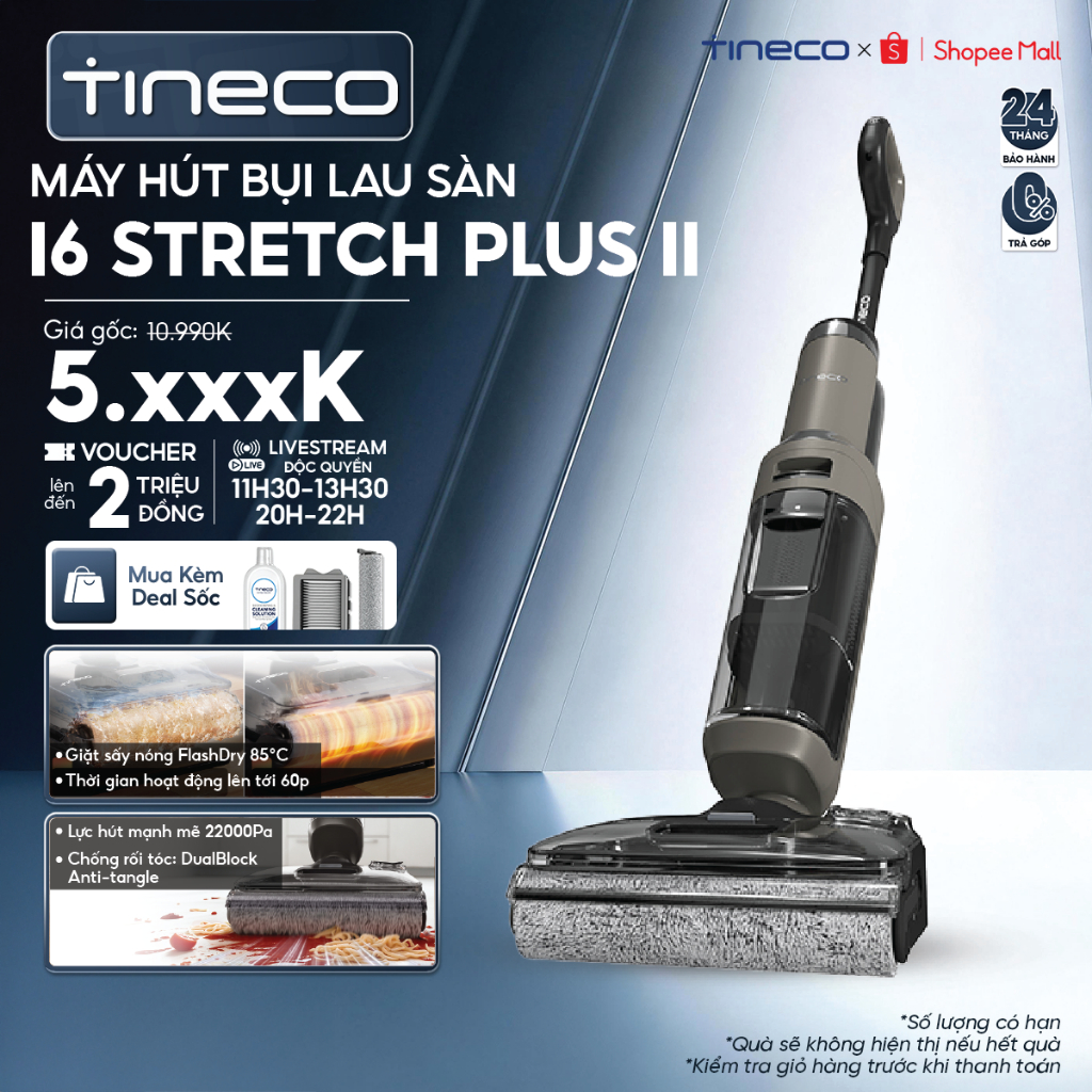 Tineco Floor One i6 Stretch Plus II | I6 Stretch Plus Máy hút bụi lau sàn khô ướt - Lực hút 22000Pa 