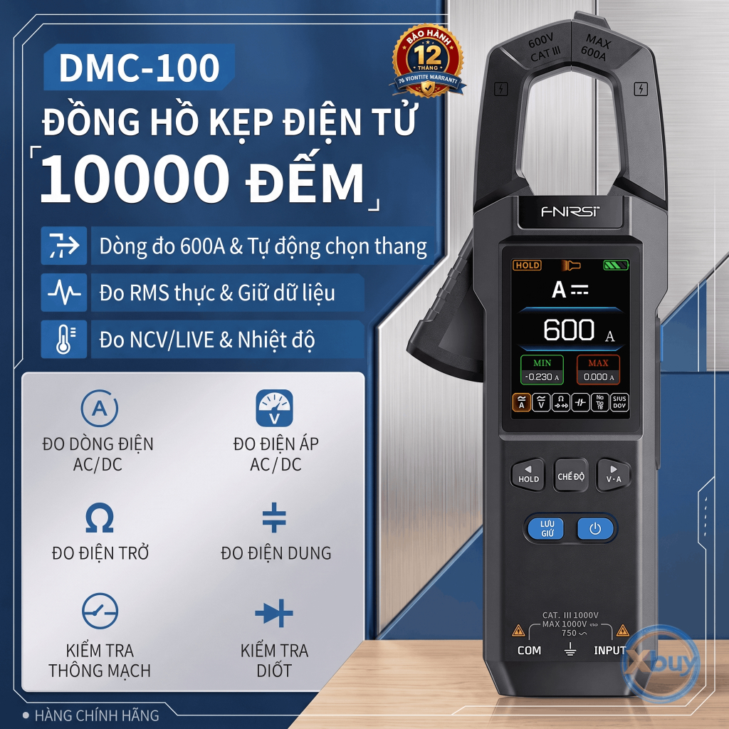 Đồng hồ ampe kìm đa năng FNIRSI DMC-100, 600A, màn hình màu TFT, đo AC/DC, NCV