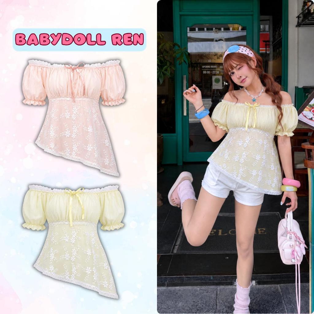 [FREESIZE 40-60kg] Áo Babydoll Trễ Vai mặc 2 kiểu Ren Hoa Nổi Tay Phồng Tà Xéo GUMIE - A38GM