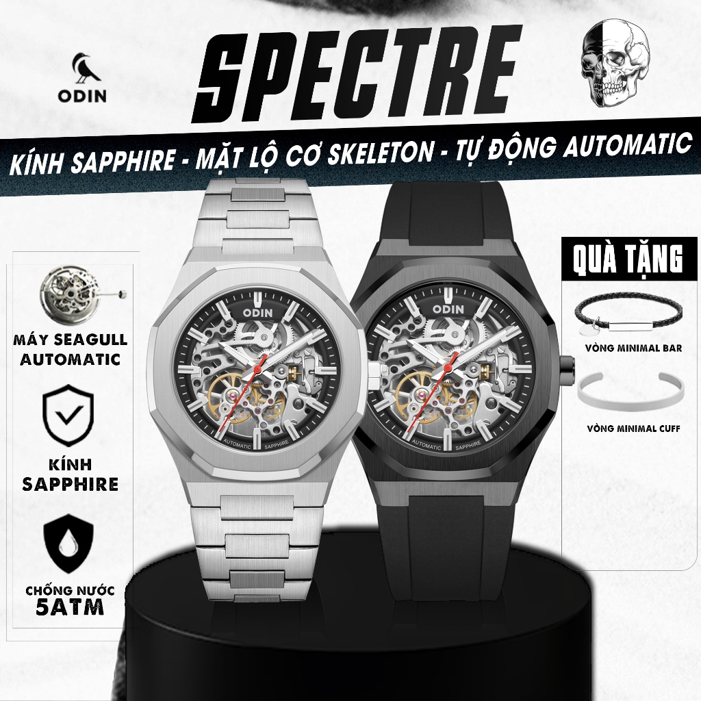 Đồng hồ ODIN Spectre Automatic-Máy Tự Động Seagull-Kính Full Sapphire-Chống nước 5ATM-Lộ cơ Skeleton