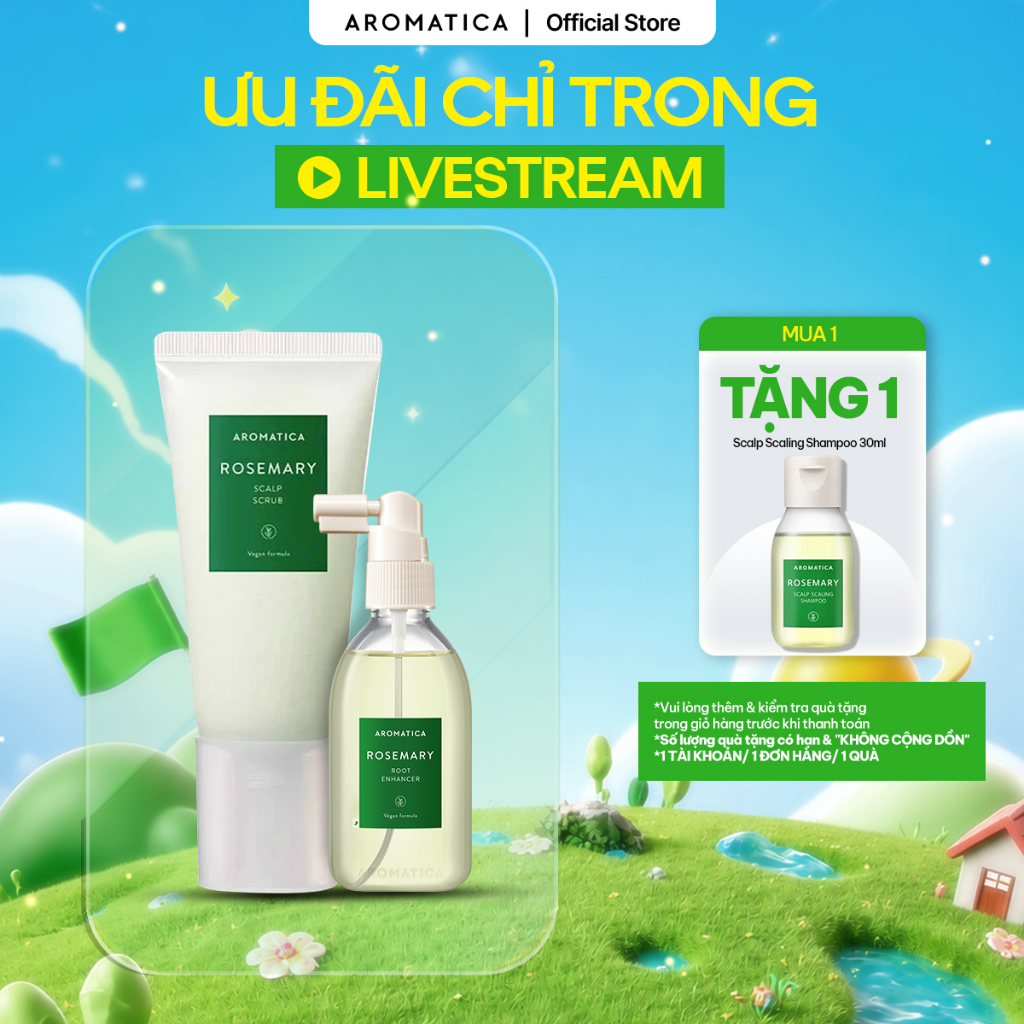 [LIVE] Combo Ngăn Rụng Tóc Aromatica Chiết Xuất Hương Thảo (Tẩy Tế Bào Chết Dành Aromatica 165g & Xị