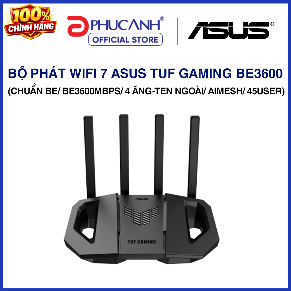 Bộ phát wifi 7 Asus TUF-BE3600 (Chuẩn BE/ BE3600Mbps/ 4 Ăng-ten ngoài/ AIMesh/ 45User)