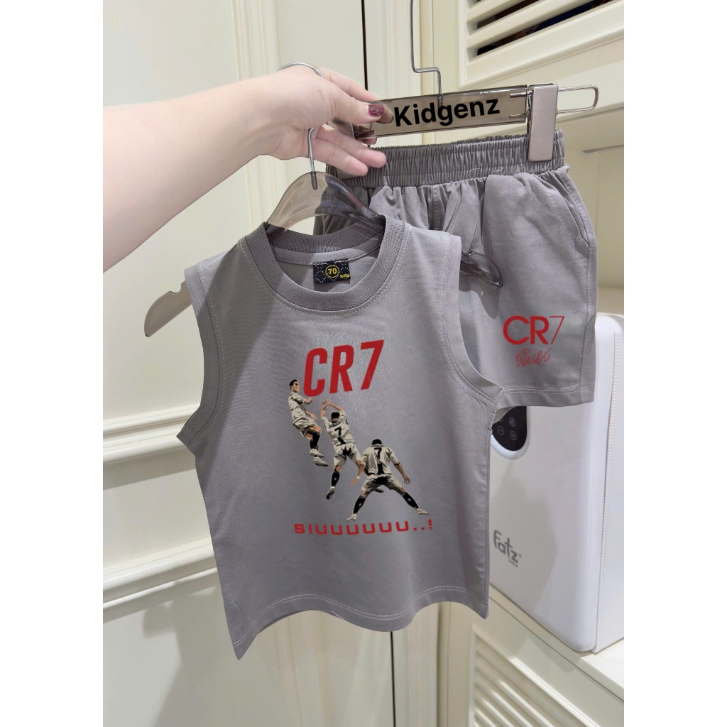Set Ba Lỗ Cho Bé Màu Ghi Xám In Hình CR7 Ronaldo Ăn Mừng Siu Thể Thao Cotton Co Giãn