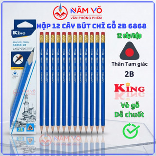 [6868] HỘP 12 Cây Bút Chì Gỗ 2B / Viết Chì Gỗ 2B Thân Xanh, Ngòi Chì Đen, Nét Đậm, Thân Tam Giác, Khó Gãy, Có Gôm King
