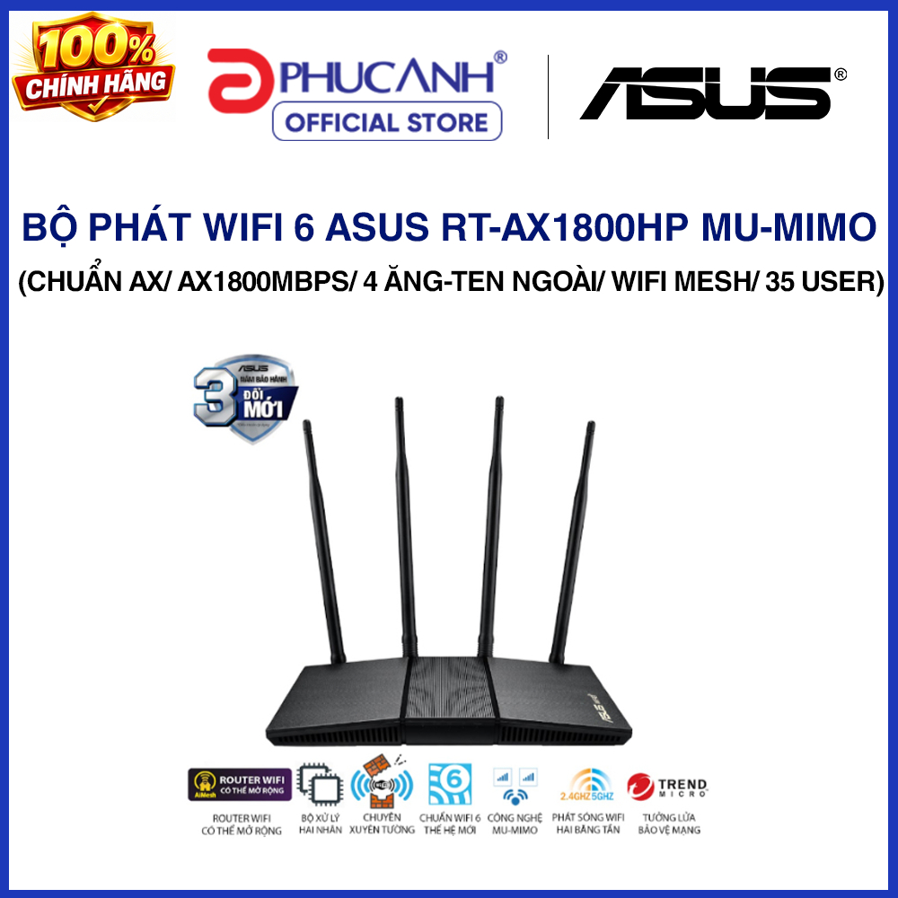 Bộ phát wifi 6 Asus RT-AX1800HP MU-MIMO (Chuẩn AX/ AX1800Mbps/ 4 Ăng-ten ngoài/ Wifi Mesh/ 35 User)