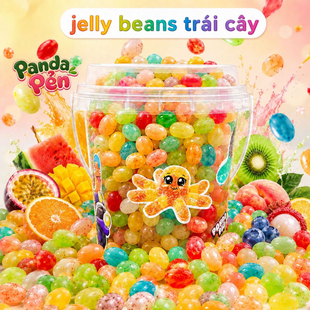 Hũ Kẹo Jelly Beans Trái Cây Ăn Vặt Panda Pẻn Kẹo Bi Hoa Quả