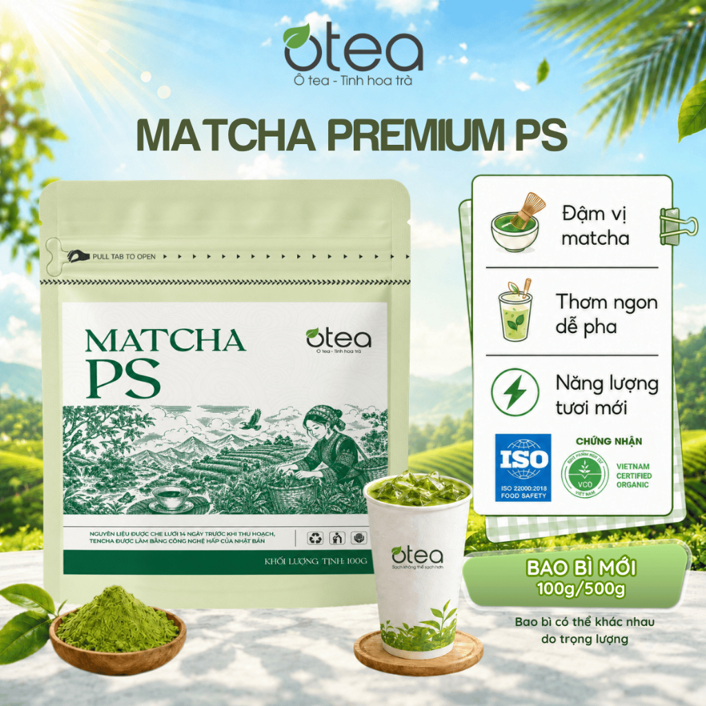 Bột Matcha PS OTEA 500g/100g màu xanh ngọc sâu, umami cân bằng dùng trong pha chế