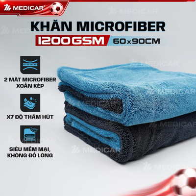 [MICROFIBER] Khăn Lau Xe Ô Tô Cao Cấp Microfiber 1200GSM Medicar – Dày, Mềm, Thấm Hút Mạnh - Kích Thước 60 × 90cm