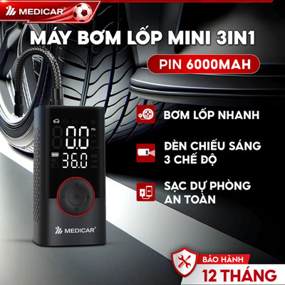 MÁY BƠM LỐP XE MÁY & Ô TÔ Medicar pin 6.000mAh, máy mini cầm chắc tay, tự ngắt theo cảm biến áp suất