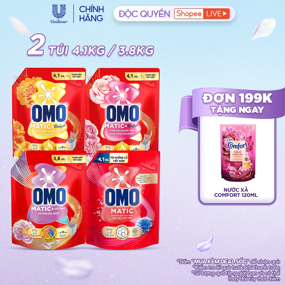 [Live] - Combo 2 Túi Nước giặt OMO Matic Cửa trên 4,1kg/túi