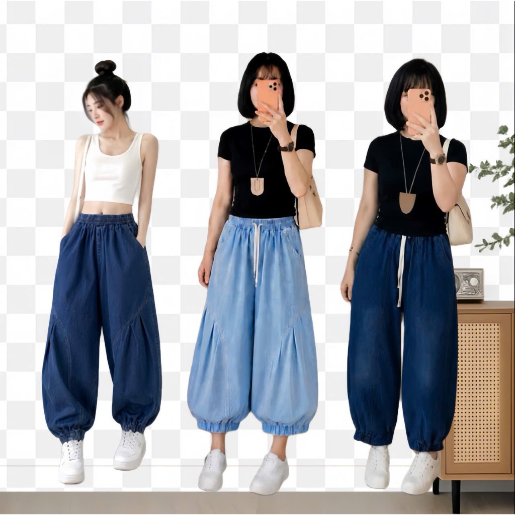 Quần Jean Nữa Form Thụng Phối Chun Gấu,Chất Jean Giấy Mềm Nhẹ size 1XL-2XL-3XL