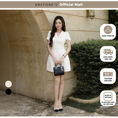 BBSTORE'S Đầm công sở cotton ngắn phom chữ A cổ V lá cổ lật tay ngắn phồng - DAG23B