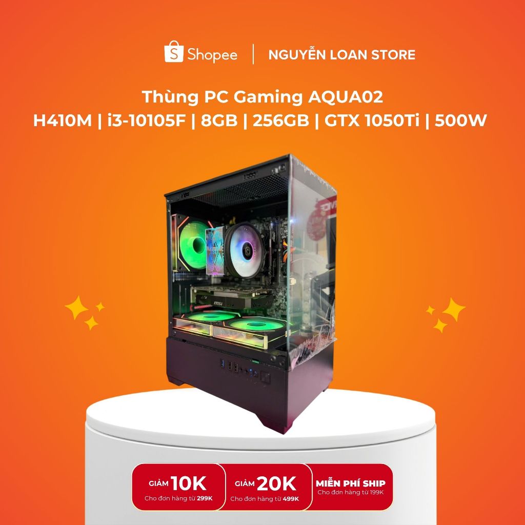 Thùng PC Gaming AQUA02 - Core i3 10105F | RAM 8GB | SSD 256GB | VGA GTX 1050Ti 4GB | Chiến Mượt Game