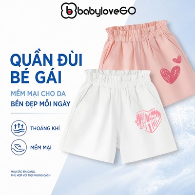 Quần kaki bé gái BabyloveGO quần đùi bé gái cạp chun co giãn thoải mái thoáng mát in hình đáng yêu