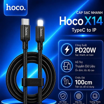 Cáp sạc nhanh TypeC to IP PD20W Hoco X14 truyền dữ liệu dùng cho 14 trở xuống, dài 1M/2M/3M