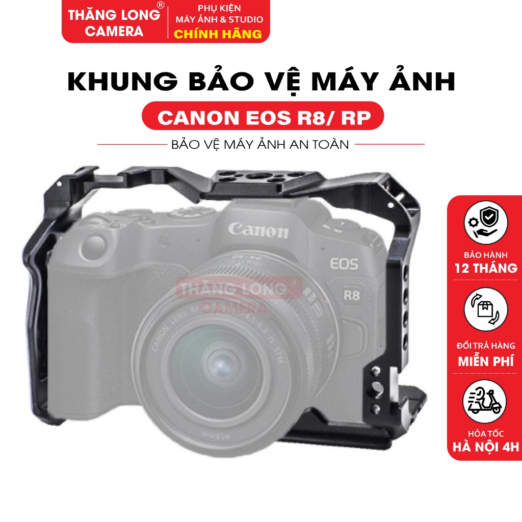 Khung Cage Canon EOS R8 / EOS RP Hợp Kim Nhôm CNC Cao Cấp - Camera Rig Có Cold Shoe, Ren 1/4'' & 3/8
