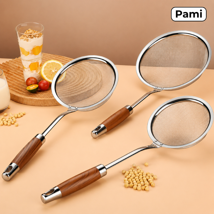 Ray Lọc Siêu Mịn Inox 304 Cán Gỗ Cao Cấp, Rây Lọc Bột Sữa Đậu Nành Lọc Dầu Ăn Vớt Đồ Chiên Đa Năng