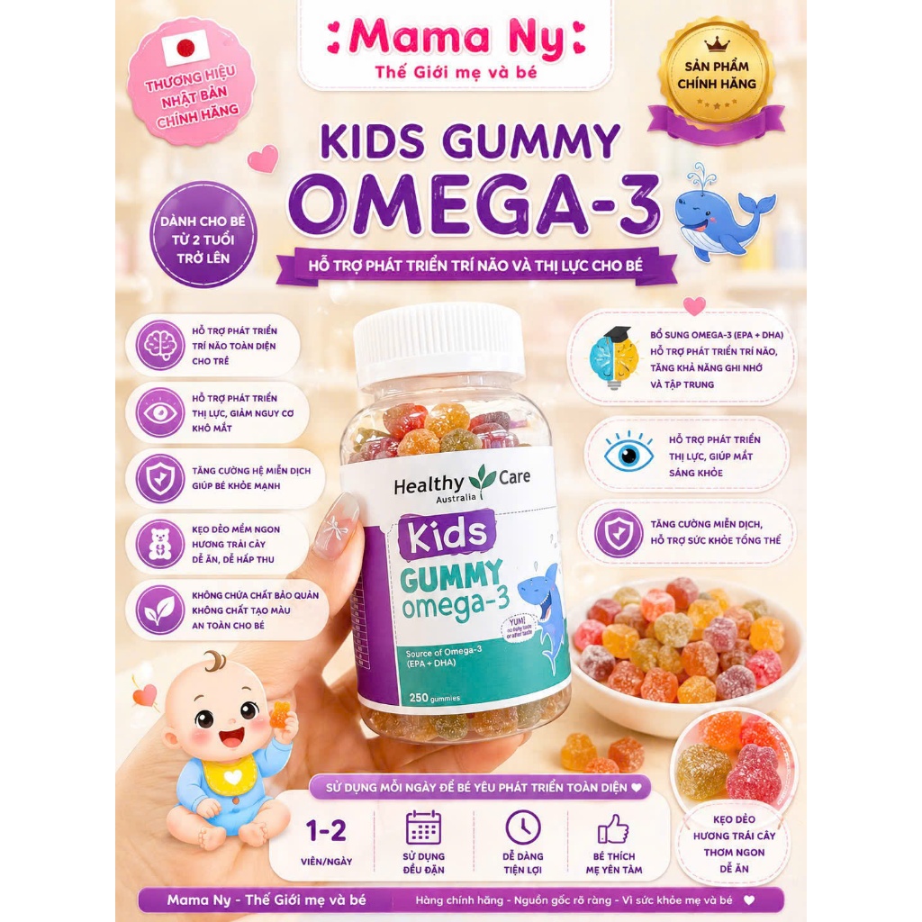 Healthy Care Kids Gummy Omega 3 250 Viên – Bổ Sung DHA, Omega-3 Hỗ Trợ Phát Triển Não Bộ Cho Bé
