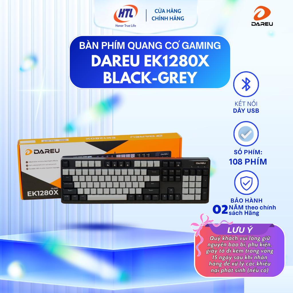 Bàn phím máy tính DAREU EK1280X Black-grey, Optical switch - BLUE (HÀNG CHÍNH HÃNG)