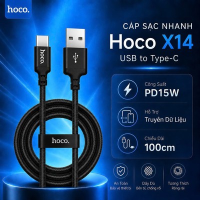 Cáp sạc PD15W USB to Type-C Hoco X14 dùng cho 15 trở lên/Android dây bọc dù dài 1m/2m