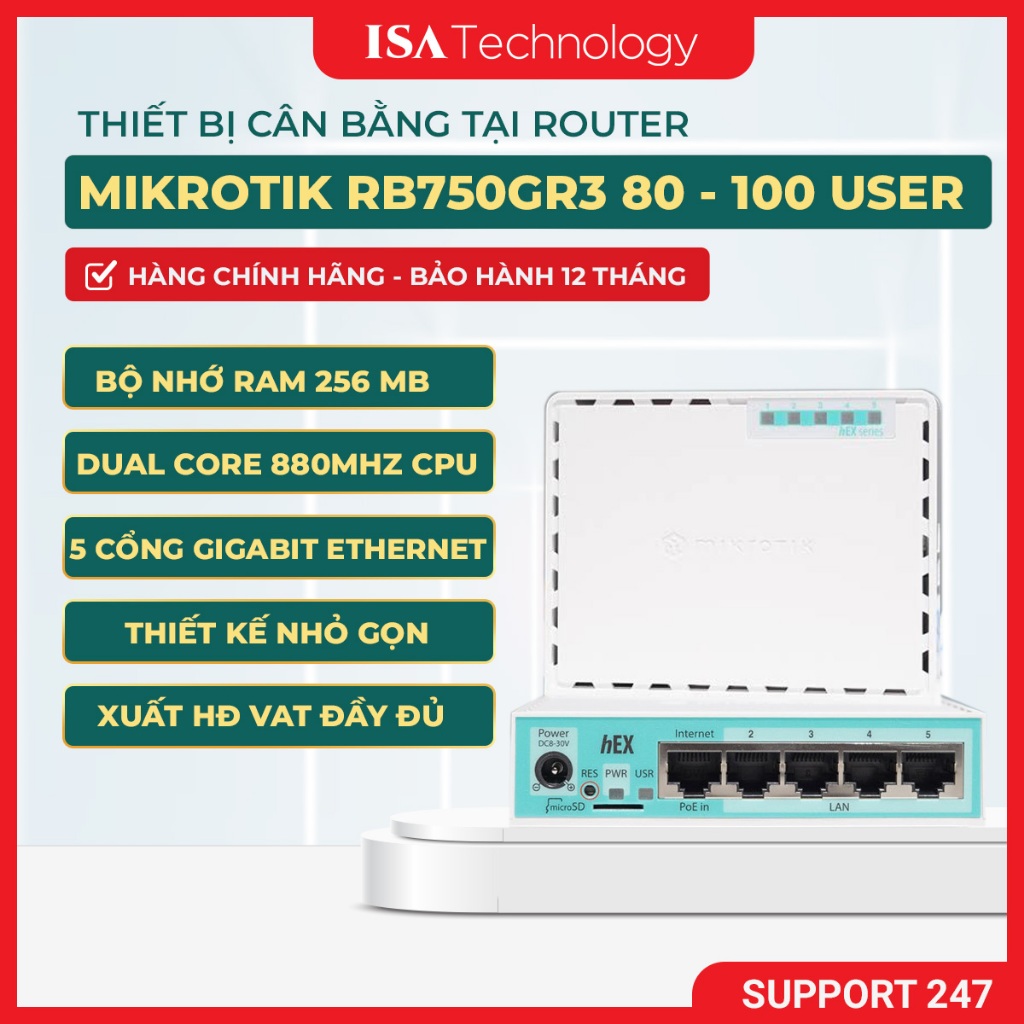Thiết bị cân bằng tải router MikroTik RB750Gr3 (hEX) chịu tải 80 - 100 user ổn định hệ thống mạng