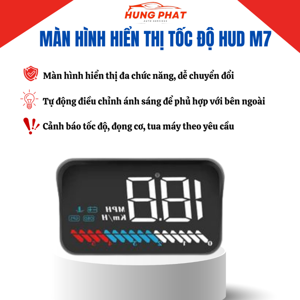 Màn Hình Hắt Kính HUD M7, Hiển Thị Tốc Độ Và Cảnh Báo Tốc Độ Ô Tô, Xe Hơi Cắm Cổng OBD2 + USB GPS - 