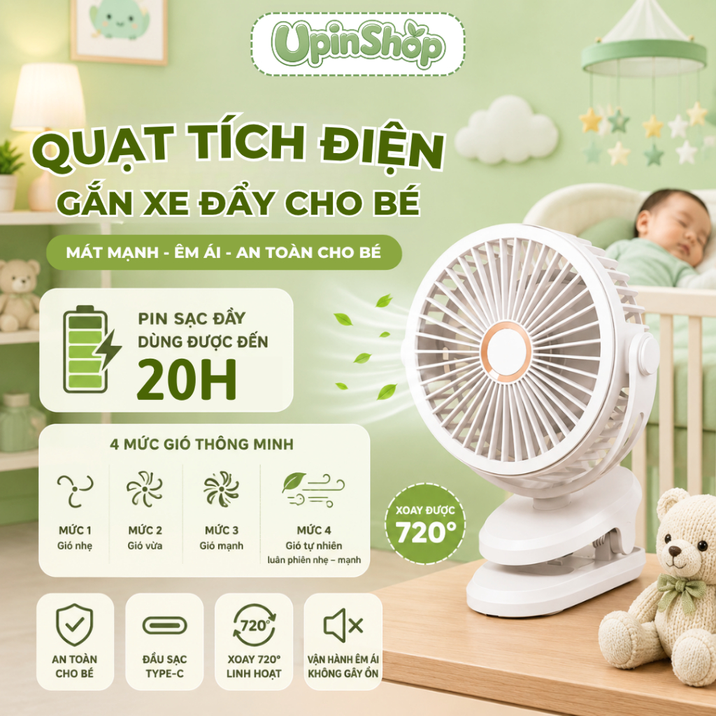 Quạt tích điện mini để bàn GF07, quạt gắn xe đẩy cho  pin 10000mAh chạy 20h liên tục 4 chế độ gió