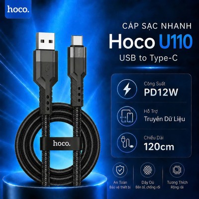 Cáp sạc nhanh PD12W USB to TypeC Hoco U110 truyền dữ liệu ,dùng cho ip15/16/17/Android dài 120cm