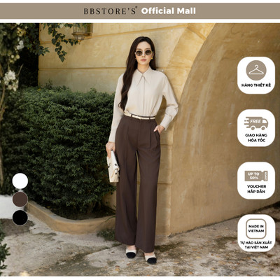 BBSTORE'S Quần suông công sở cotton dài lưng cao lưng xếp ly túi xéo - QAG28H