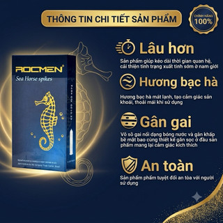 Bao cao su Rocmen Cá Ngựa Xanh Hương bạc hà, Gai lớn dọc thân bao - hộp 10 bao