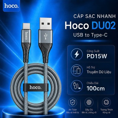 Cáp sạc hỗ trợ truyền dữ liệu PD12W USB to TypeC Hoco DU02 / DU02Plus dùng cho 15 trở lên/Android dài 1m/2M
