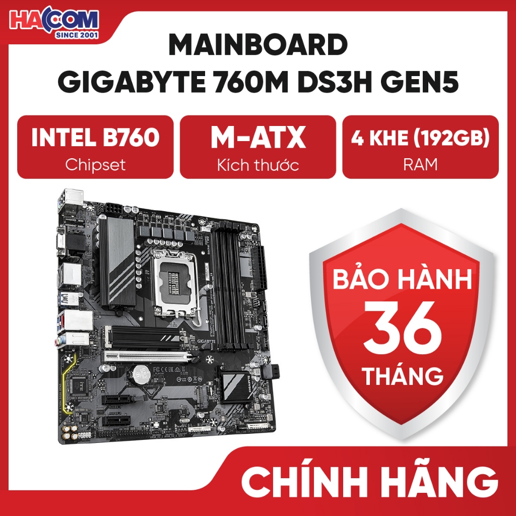 Bo Mạch Chính/Mainboard Gigabyte B760M DS3H DDR4 Chính Hãng - BH 36 Tháng HACOM PC