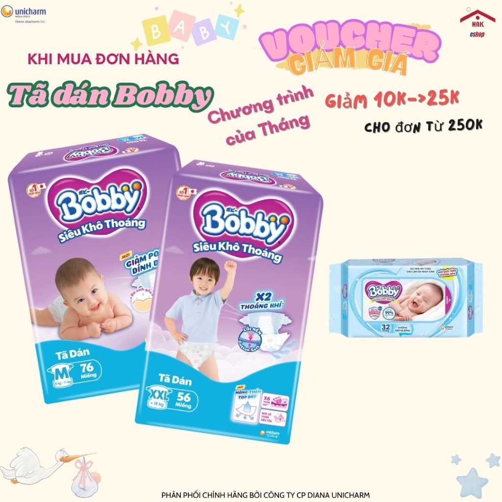 Tã dán/ bỉm dán Bobby S80/M76/L68/XL62/XXL56 mới- Lõi nén cotton-soft 3mm