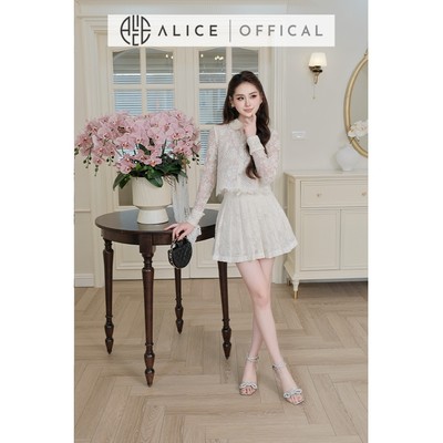 Set Ren Cao Cấp Lót Lụa Thiết Kế Sang Trọng Alice, Bộ Áo Ren Tay Dài Kèm Chân Váy Xếp Ly Tiểu Thư Dự Tiệc S1112
