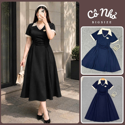 Đầm Bigsize Nữ Dáng Polo Công Sở Tay Ngắn Nhún Eo Che Bụng Phối Viền Trắng Váy A Xòe Nhẹ