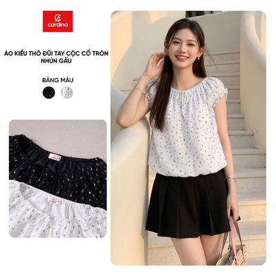 Áo kiểu nữ CARDINA chất liệu thô đũi tay cộc cổ tròn nhún gấu 6AKC39