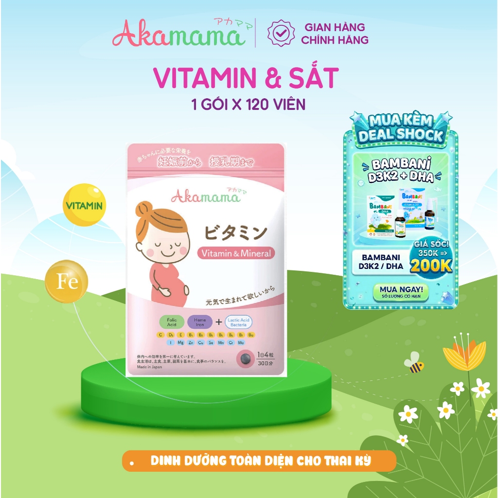 VITAMIN TỔNG HỢP & SẮT cho bà bầu Akamama Nhật Bản 120 viên