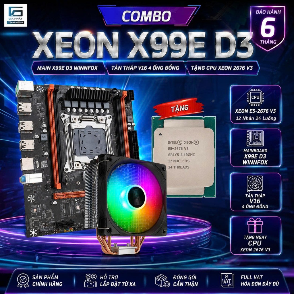 Combo XEON Main X99E D3 Winnfox| Tản tháp V16 4 ống đồng | TẶNG CPU 2676 V3 12N 24L - BH 6T FULL VAT